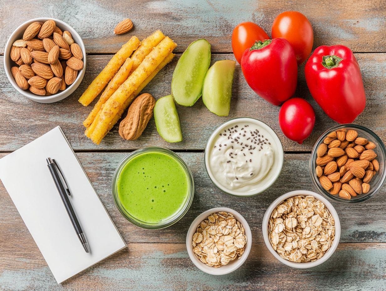 A variety of healthy snacks including trail mix, granola bars, and fruit.