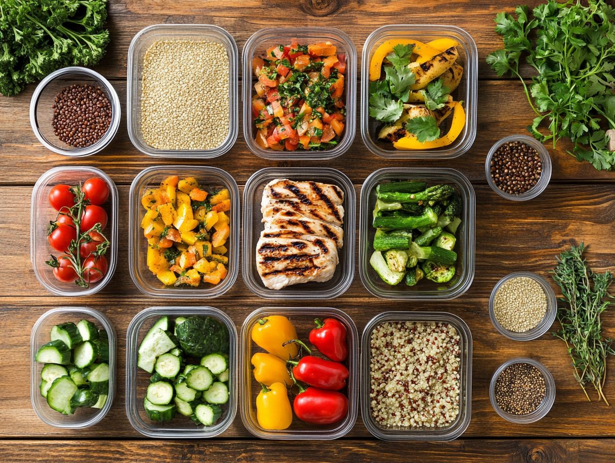 A colorful display of various low-carb meal prep ideas.