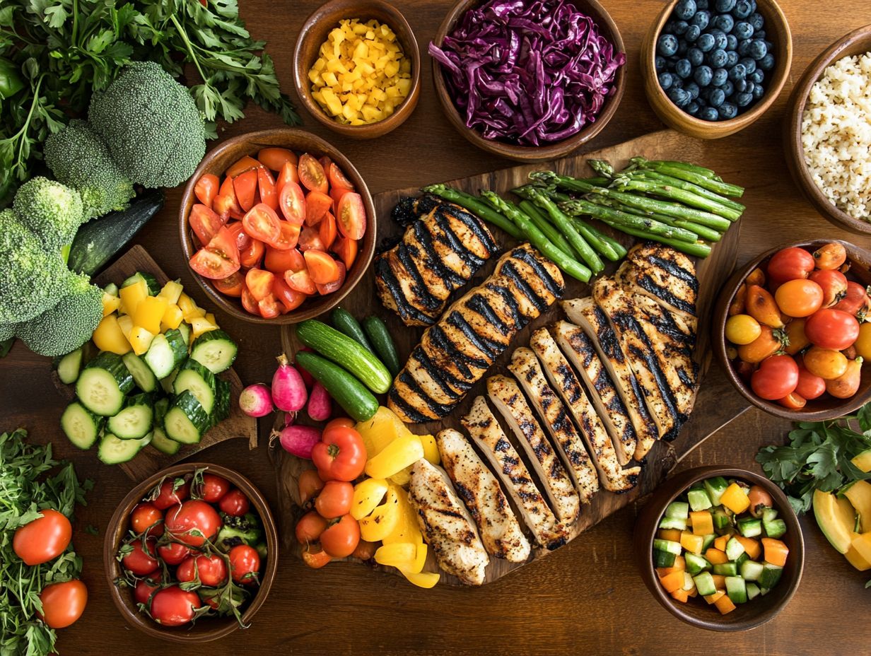 A colorful assortment of Whole30-compliant foods showcasing lean proteins, healthy fats, and fresh produce.