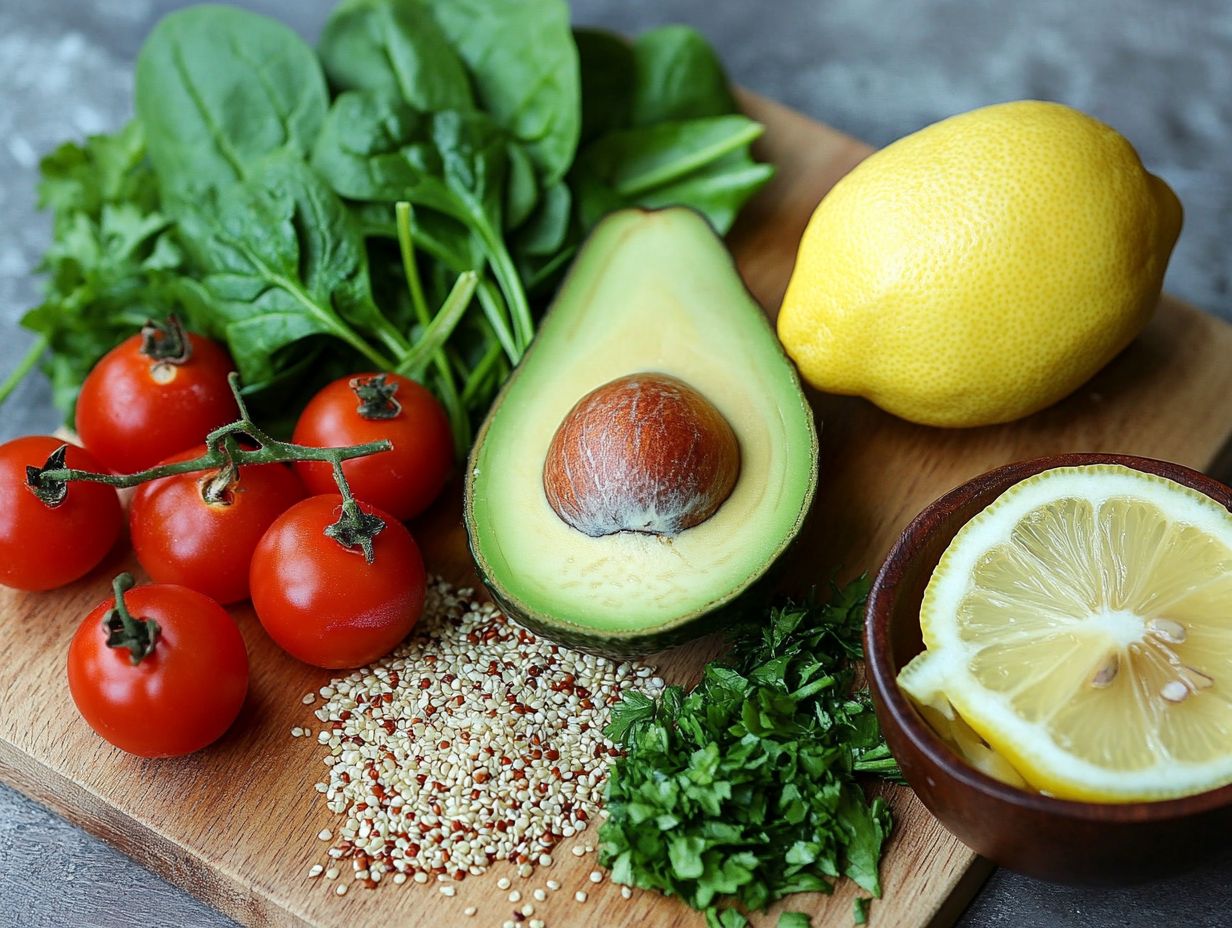 A colorful display of alkaline foods including lemons and spinach.