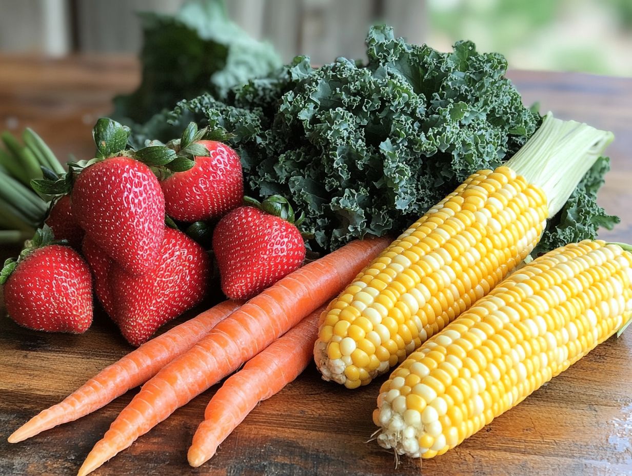 A colorful display of seasonal fruits and vegetables at a farmers' market.