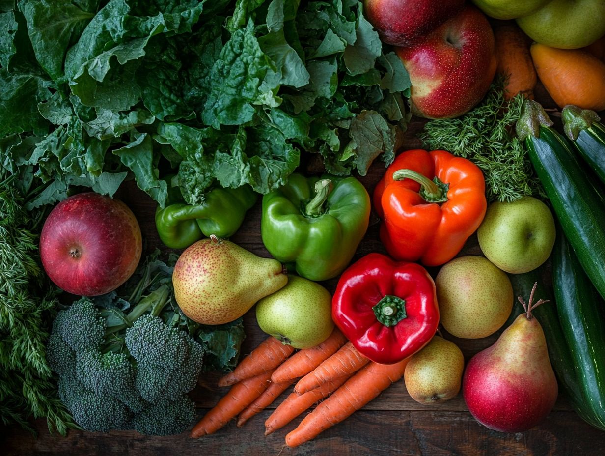 A colorful array of seasonal foods including apples, Brussels sprouts, squash, pomegranates, and sweet potatoes.