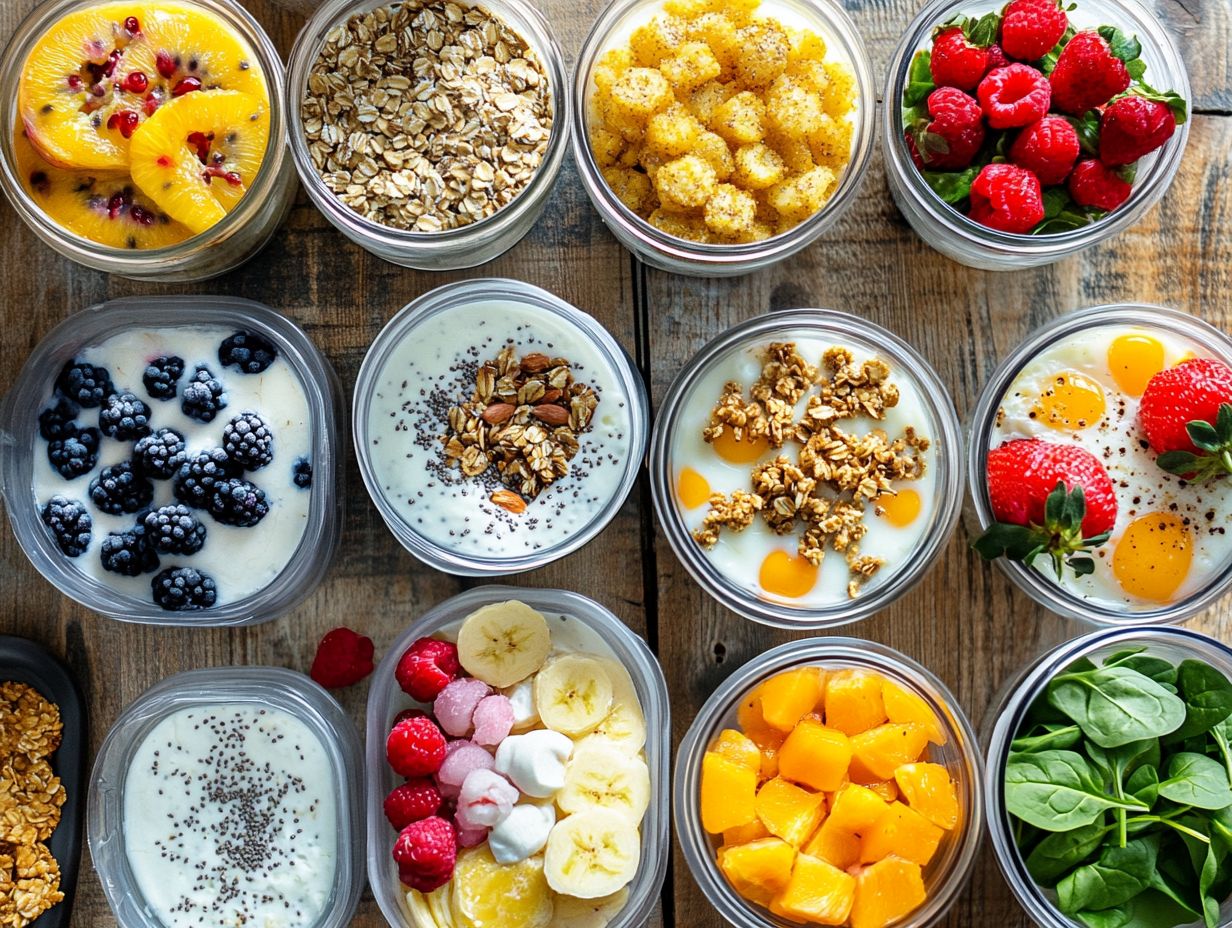 Image showing benefits of meal prepping breakfast with a colorful assortment of meal prep containers.