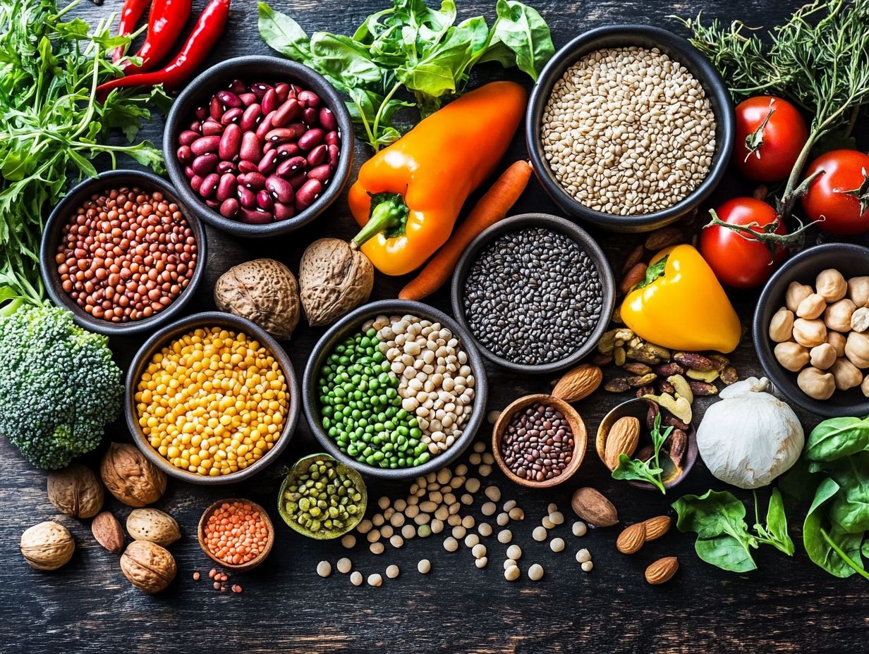 A variety of plant-based protein sources including lentils, quinoa, and nuts.