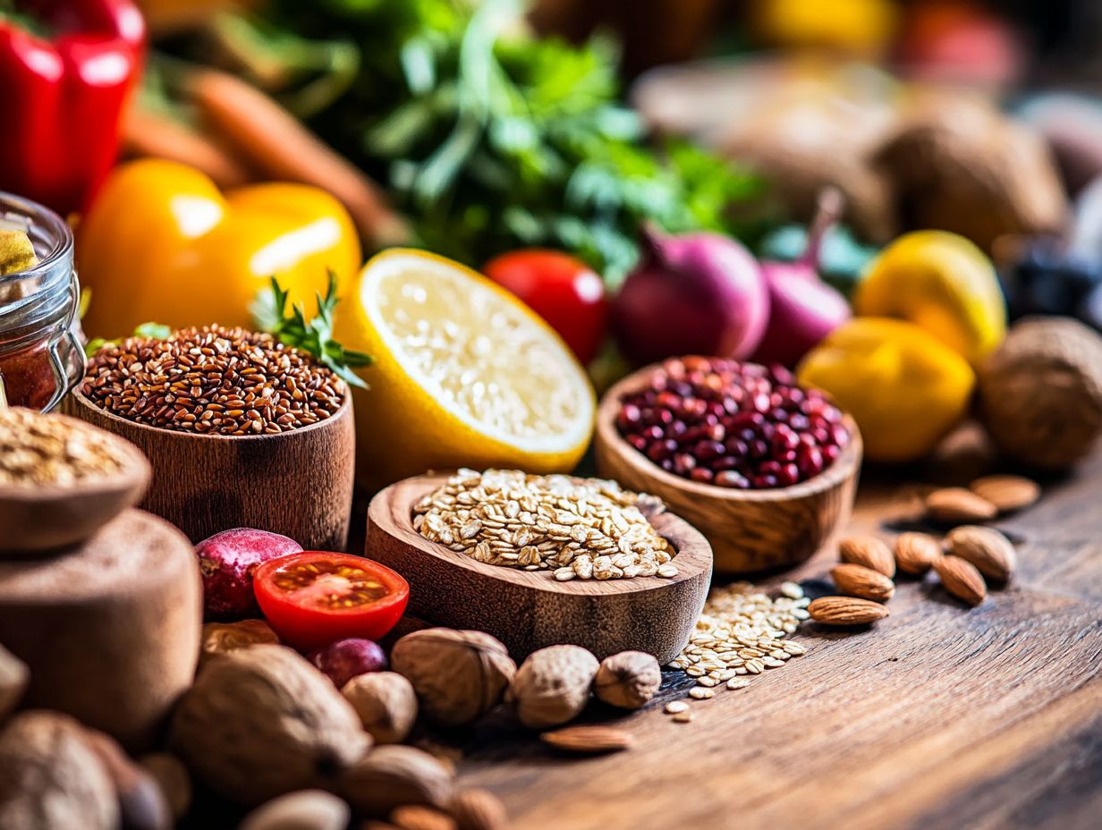 A colorful assortment of whole foods including fruits, vegetables, and grains