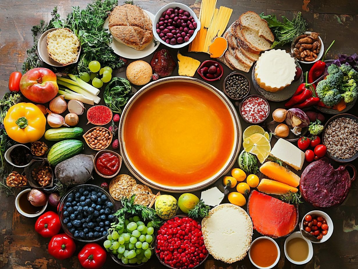 A variety of mood-boosting foods laid out on a table