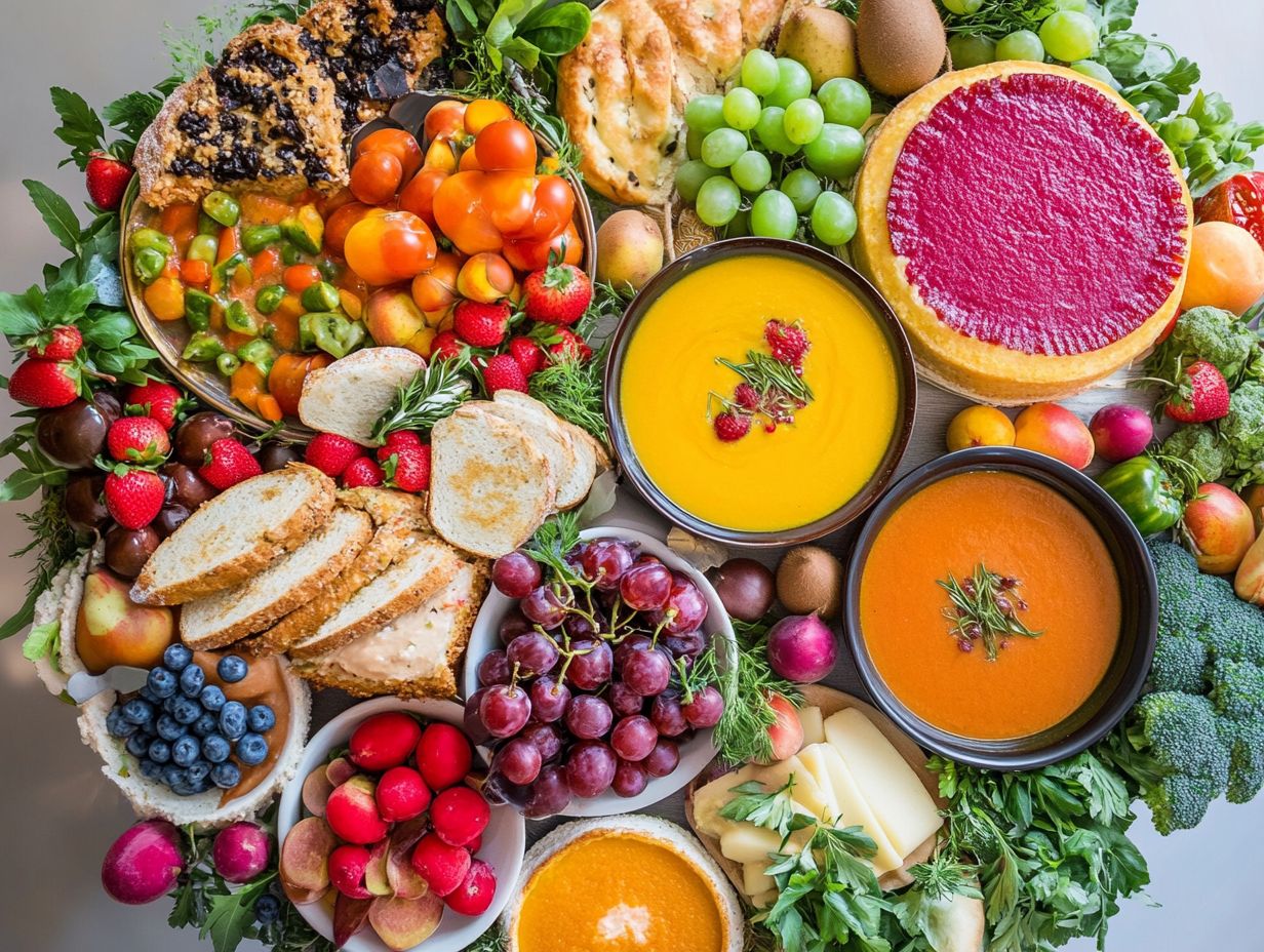 A variety of mood-boosting foods laid out on a table