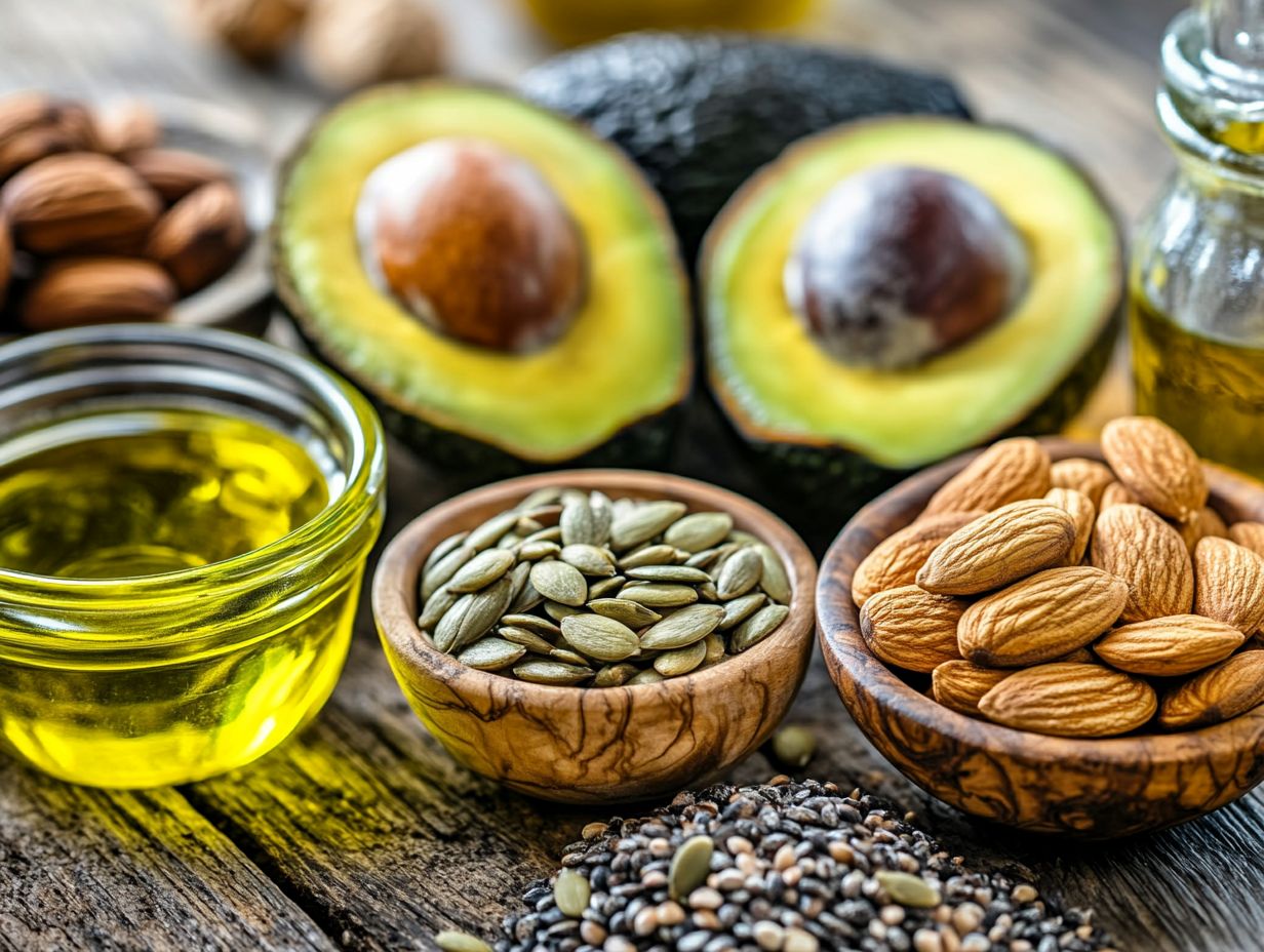 A colorful assortment of healthy fats on a table, including avocados and nuts.