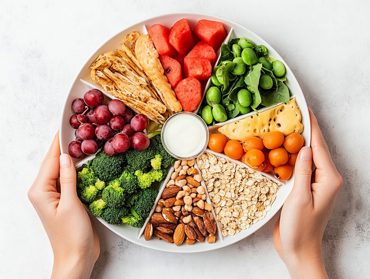 The five food groups included in MyPlate: fruits, vegetables, grains, protein, and dairy.