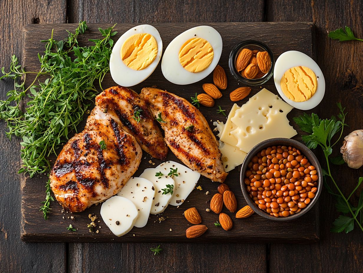 Variety of high-protein foods including chicken, fish, and legumes.