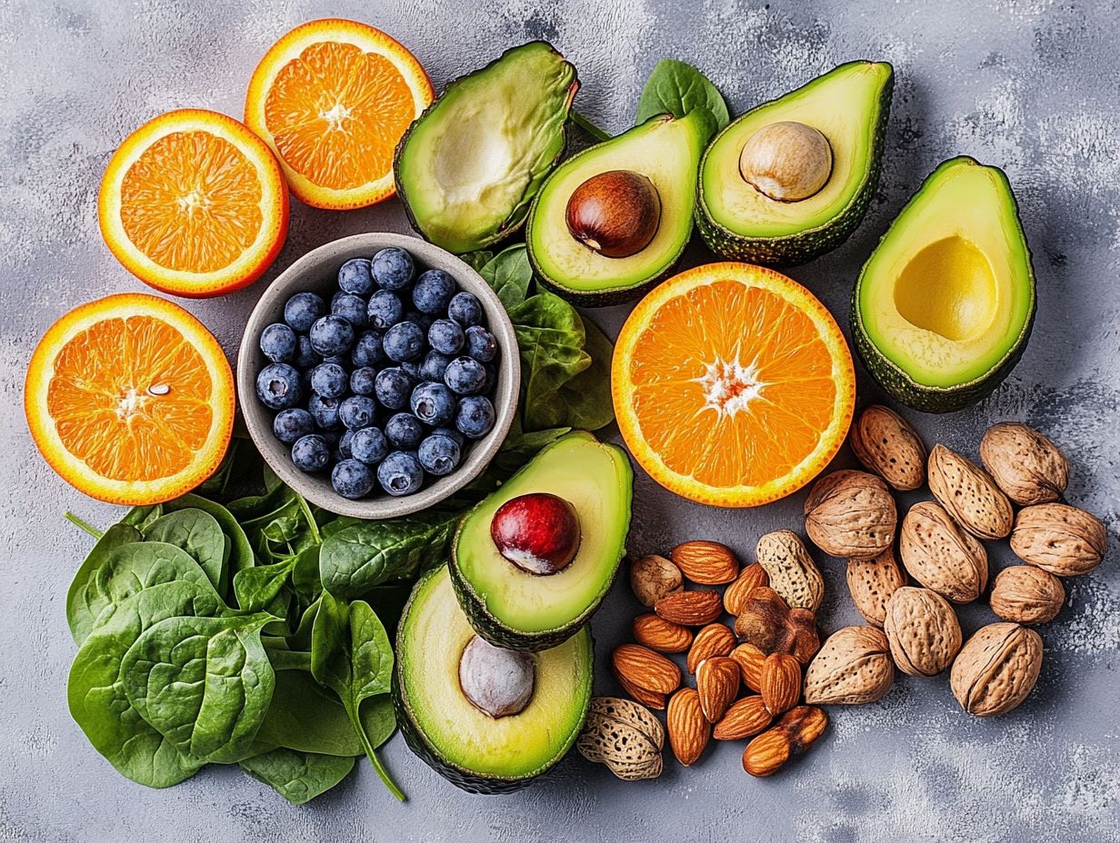 A variety of healthy fats including avocados, nuts, and fish.